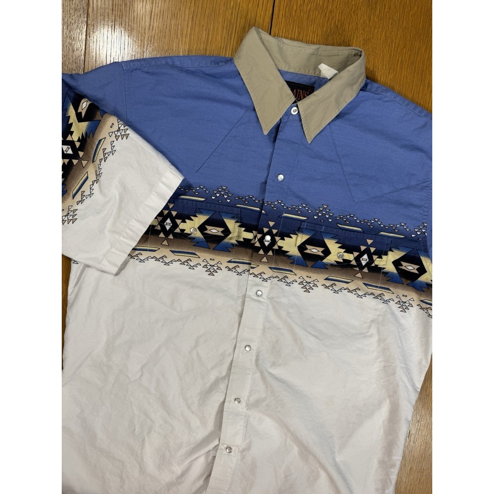 Plains Western Wear Shirt Mens Large Blue Tan White Aztec Pearl Snap Southwest